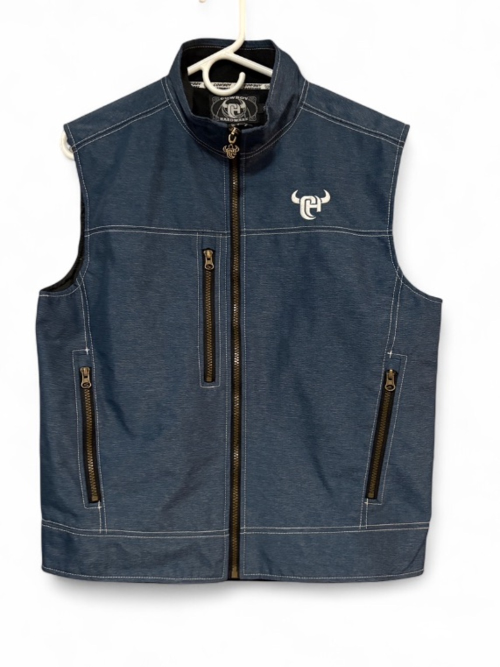 Cowboy Hardware Tech Woodsmen Embroidered Logo Soft Shell Vest in Blue Heather